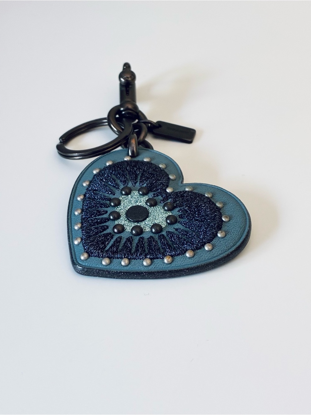 Coach Embroidered Glitter Heart Bag Charm Key Chain With Rivets, Blue / Gunmetal - Picture 5 of 16